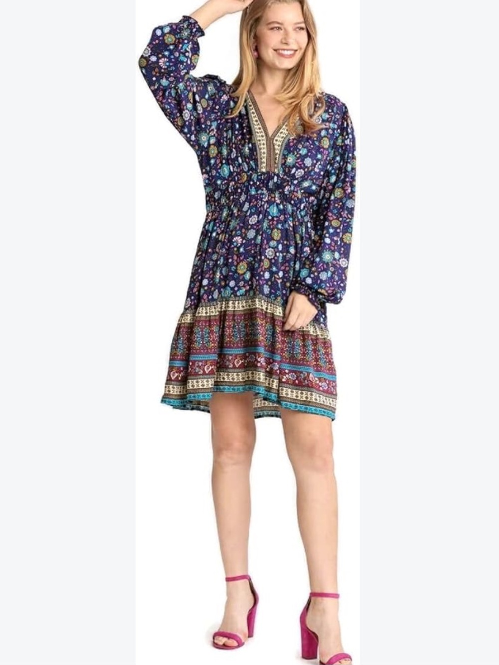Umgee USA Navy Multi Floral Babydoll Mini Dress. Size XL